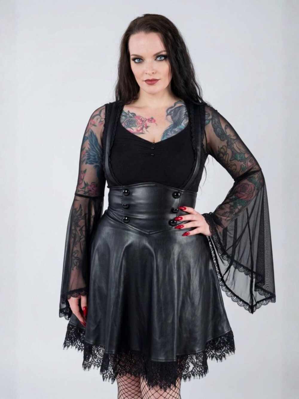 Killstar ✦ Marked High-Waisted Skirt ✦ PU Lace Trim Suspender Flare Vinyl XS NWT